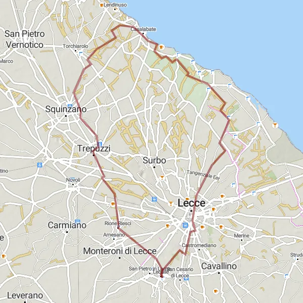 Miniatura della mappa di ispirazione al ciclismo "Giro in gravel tra Arnesano e Lequile" nella regione di Puglia, Italy. Generata da Tarmacs.app, pianificatore di rotte ciclistiche