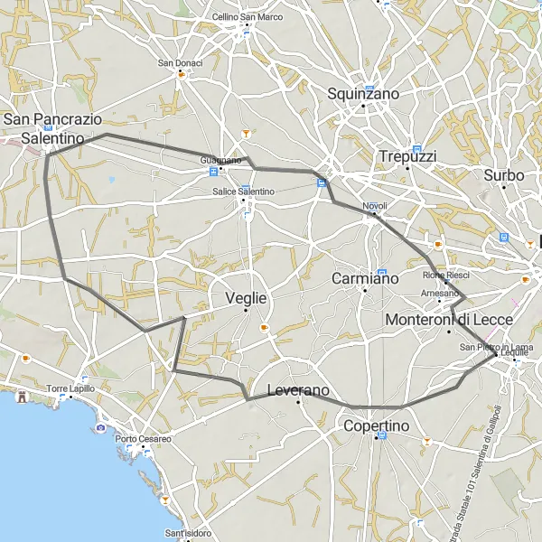 Miniatura della mappa di ispirazione al ciclismo "Giro in bici da San Pietro in Lama a Monteroni di Lecce" nella regione di Puglia, Italy. Generata da Tarmacs.app, pianificatore di rotte ciclistiche