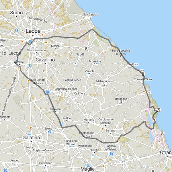 Miniatura della mappa di ispirazione al ciclismo "Itinerario ciclistico su strada tra Lecce e San Foca" nella regione di Puglia, Italy. Generata da Tarmacs.app, pianificatore di rotte ciclistiche