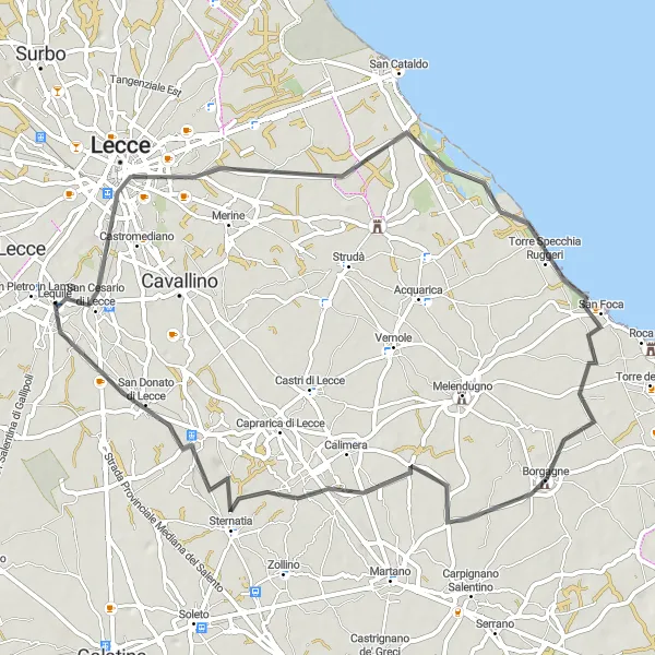 Miniatura della mappa di ispirazione al ciclismo "Tour in bicicletta da Lecce a San Foca" nella regione di Puglia, Italy. Generata da Tarmacs.app, pianificatore di rotte ciclistiche