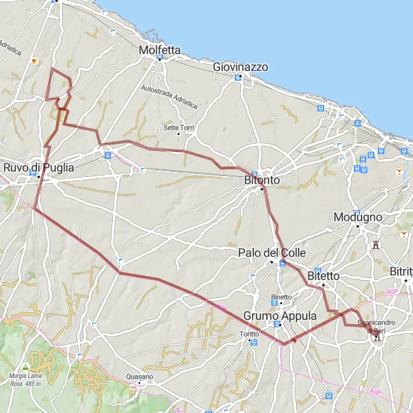 Miniatura della mappa di ispirazione al ciclismo "Strada dei Castelli e delle Masserie" nella regione di Puglia, Italy. Generata da Tarmacs.app, pianificatore di rotte ciclistiche