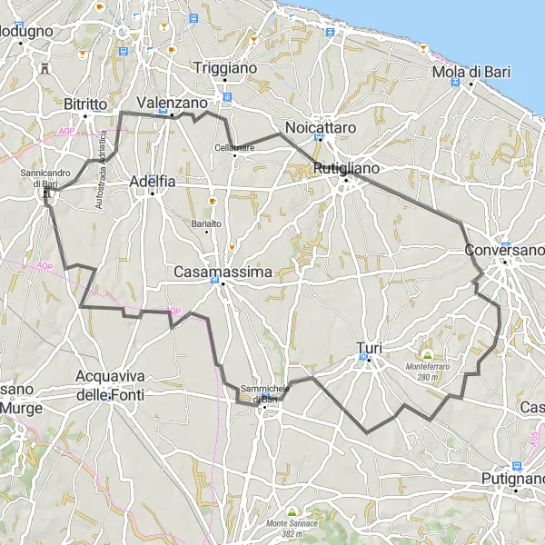 Miniatura della mappa di ispirazione al ciclismo "Giro ciclistico da Sannicandro di Bari a Sammichele di Bari" nella regione di Puglia, Italy. Generata da Tarmacs.app, pianificatore di rotte ciclistiche