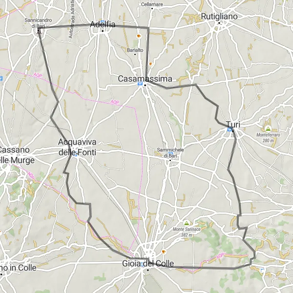 Miniatura della mappa di ispirazione al ciclismo "Giro in bicicletta da Sannicandro di Bari a Gioia del Colle" nella regione di Puglia, Italy. Generata da Tarmacs.app, pianificatore di rotte ciclistiche