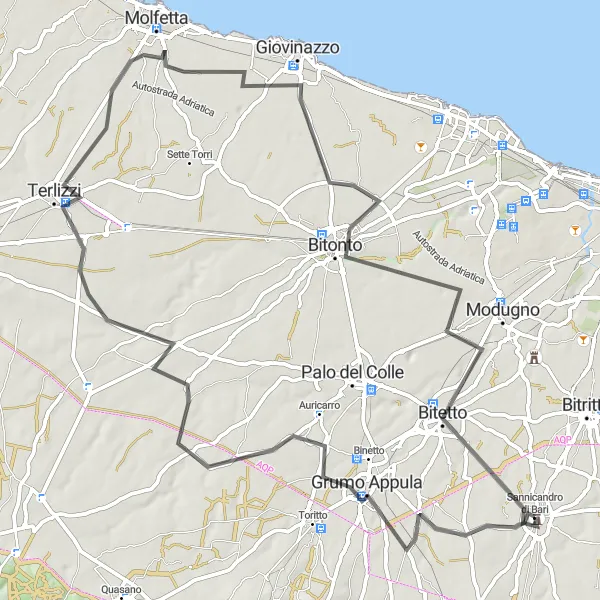 Miniatura della mappa di ispirazione al ciclismo "Viale dei Castelli" nella regione di Puglia, Italy. Generata da Tarmacs.app, pianificatore di rotte ciclistiche