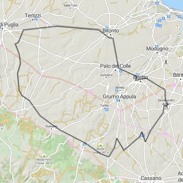 Miniatura della mappa di ispirazione al ciclismo "Via degli Ulivi" nella regione di Puglia, Italy. Generata da Tarmacs.app, pianificatore di rotte ciclistiche