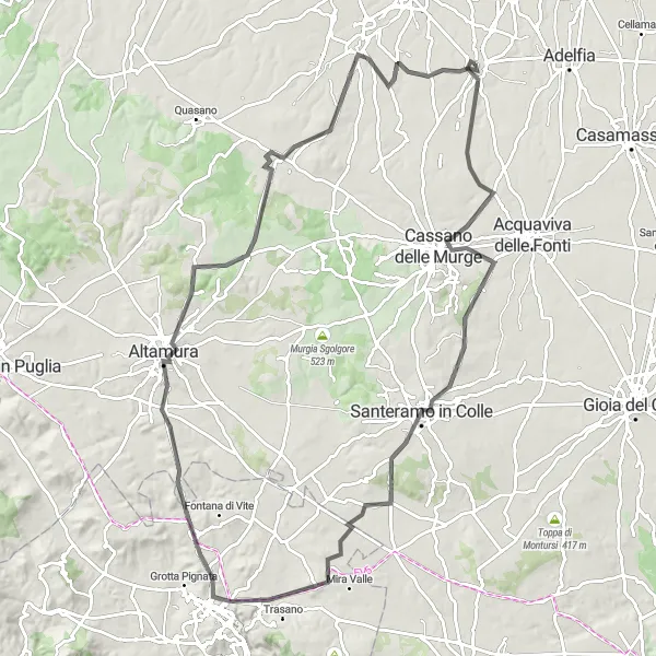 Miniatura della mappa di ispirazione al ciclismo "Tour ciclistico da Sannicandro di Bari ad Altamura" nella regione di Puglia, Italy. Generata da Tarmacs.app, pianificatore di rotte ciclistiche