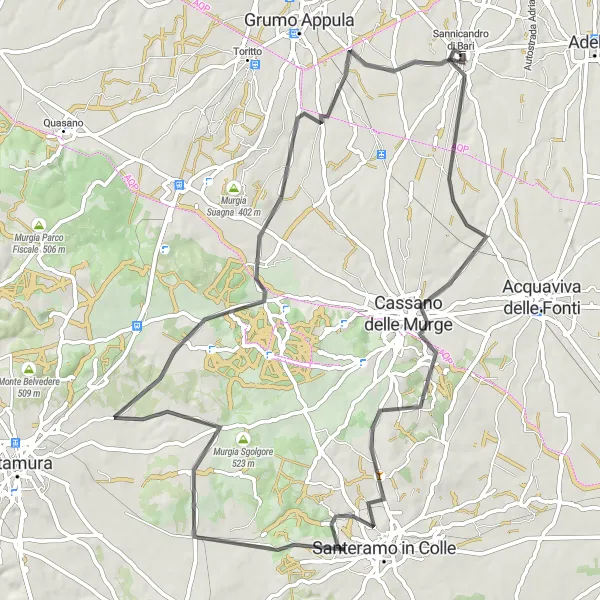 Miniatura della mappa di ispirazione al ciclismo "Strada delle Murge" nella regione di Puglia, Italy. Generata da Tarmacs.app, pianificatore di rotte ciclistiche