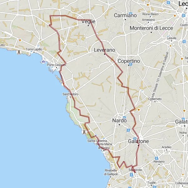 Miniatura della mappa di ispirazione al ciclismo "Giro in Gravel delle Masserie Salentine" nella regione di Puglia, Italy. Generata da Tarmacs.app, pianificatore di rotte ciclistiche