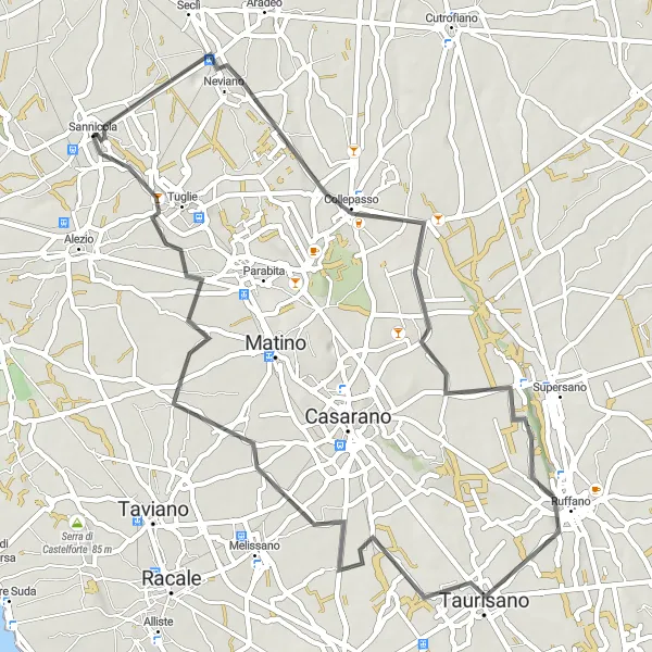 Miniatura della mappa di ispirazione al ciclismo "Esplorando la campagna pugliese in bicicletta" nella regione di Puglia, Italy. Generata da Tarmacs.app, pianificatore di rotte ciclistiche