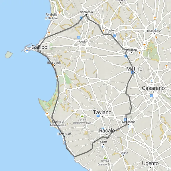 Miniatura della mappa di ispirazione al ciclismo "Tra borghi e paesaggi marini" nella regione di Puglia, Italy. Generata da Tarmacs.app, pianificatore di rotte ciclistiche