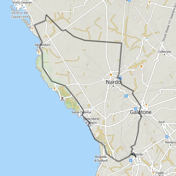 Miniatura della mappa di ispirazione al ciclismo "Giro in bicicletta da Sannicola a Sannicola" nella regione di Puglia, Italy. Generata da Tarmacs.app, pianificatore di rotte ciclistiche