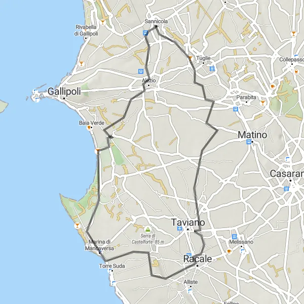 Miniatura della mappa di ispirazione al ciclismo "Corsa su Strada verso Alezio" nella regione di Puglia, Italy. Generata da Tarmacs.app, pianificatore di rotte ciclistiche