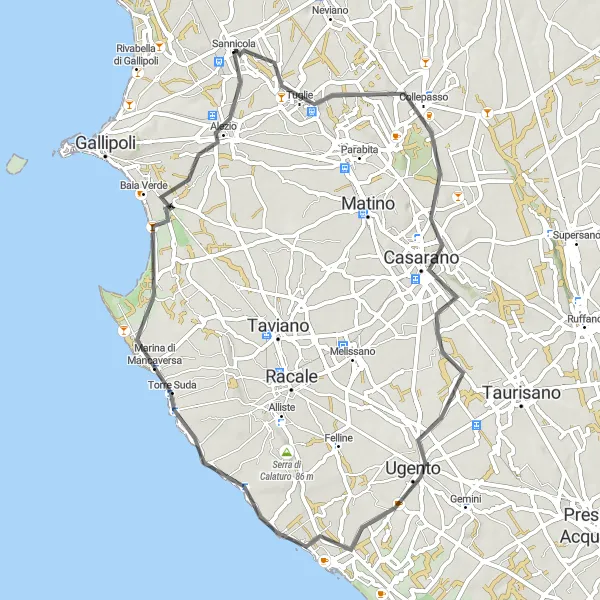 Miniatura della mappa di ispirazione al ciclismo "Attraverso montagne e paesaggi mozzafiato" nella regione di Puglia, Italy. Generata da Tarmacs.app, pianificatore di rotte ciclistiche