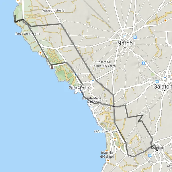 Miniatura della mappa di ispirazione al ciclismo "Tra Spiagge e Masserie" nella regione di Puglia, Italy. Generata da Tarmacs.app, pianificatore di rotte ciclistiche