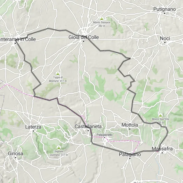 Map miniature of "Gioia del Colle Hills Loop" cycling inspiration in Puglia, Italy. Generated by Tarmacs.app cycling route planner