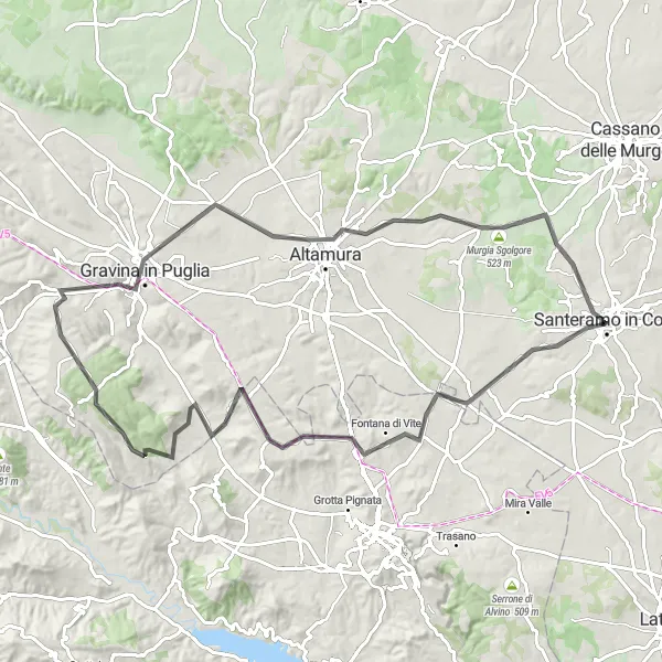 Miniatura della mappa di ispirazione al ciclismo "Santeramo in Colle - Murgia Sgolgore" nella regione di Puglia, Italy. Generata da Tarmacs.app, pianificatore di rotte ciclistiche