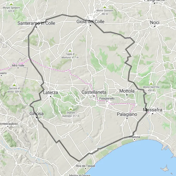 Map miniature of "Santeramo - Ginosa Loop" cycling inspiration in Puglia, Italy. Generated by Tarmacs.app cycling route planner