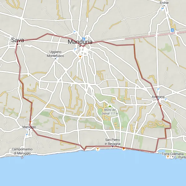 Map miniature of "Gravel adventure through Manduria and Avetrana" cycling inspiration in Puglia, Italy. Generated by Tarmacs.app cycling route planner