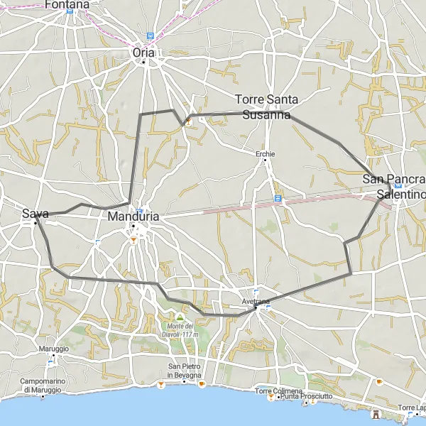 Map miniature of "Road bike adventure through Manduria and Avetrana" cycling inspiration in Puglia, Italy. Generated by Tarmacs.app cycling route planner