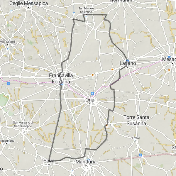 Map miniature of "Scenic road cycling route from Francavilla Fontana to Sava" cycling inspiration in Puglia, Italy. Generated by Tarmacs.app cycling route planner