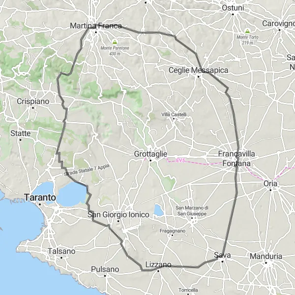 Map miniature of "Challenging road cycling route to Martina Franca from Sava" cycling inspiration in Puglia, Italy. Generated by Tarmacs.app cycling route planner