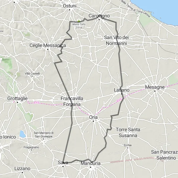 Map miniature of "The Puglian Panorama" cycling inspiration in Puglia, Italy. Generated by Tarmacs.app cycling route planner