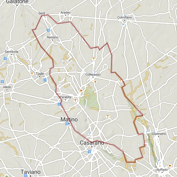 Miniatura della mappa di ispirazione al ciclismo "Percorso in gravel da Seclì a Parabita" nella regione di Puglia, Italy. Generata da Tarmacs.app, pianificatore di rotte ciclistiche