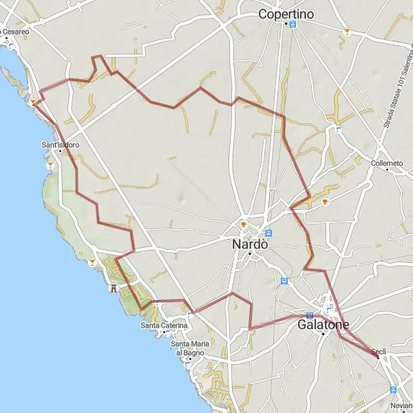 Miniatura della mappa di ispirazione al ciclismo "Giro in Gravel da Seclì a Sant'isidoro" nella regione di Puglia, Italy. Generata da Tarmacs.app, pianificatore di rotte ciclistiche