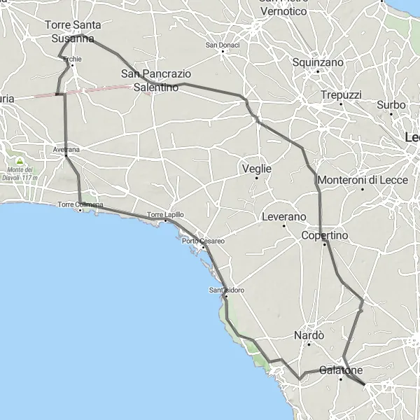 Miniatura della mappa di ispirazione al ciclismo "Cicloturismo da Galatone a Collemeto" nella regione di Puglia, Italy. Generata da Tarmacs.app, pianificatore di rotte ciclistiche