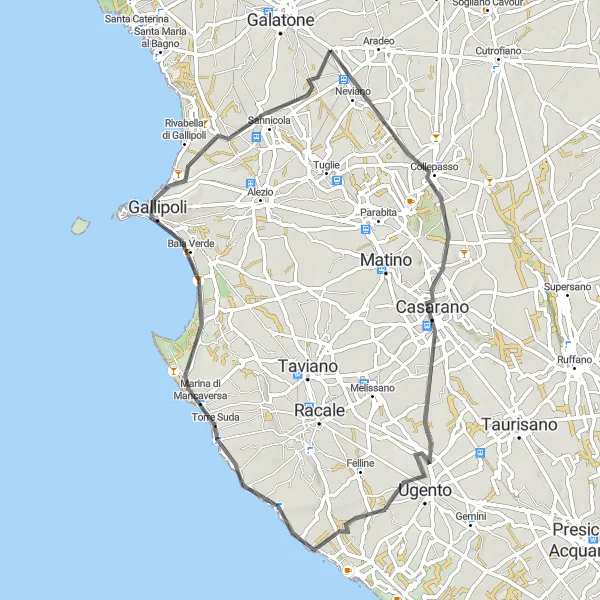 Miniatura della mappa di ispirazione al ciclismo "Ciclostrada dei Mare e Cultura" nella regione di Puglia, Italy. Generata da Tarmacs.app, pianificatore di rotte ciclistiche