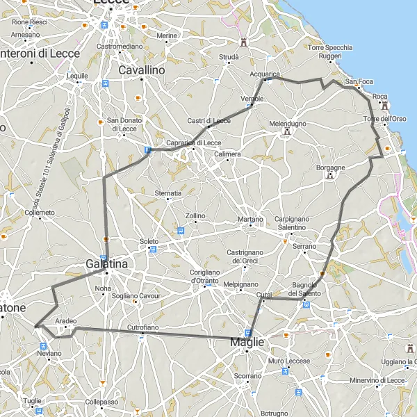 Miniatura della mappa di ispirazione al ciclismo "Giro in bicicletta da Seclì a Cutrofiano" nella regione di Puglia, Italy. Generata da Tarmacs.app, pianificatore di rotte ciclistiche