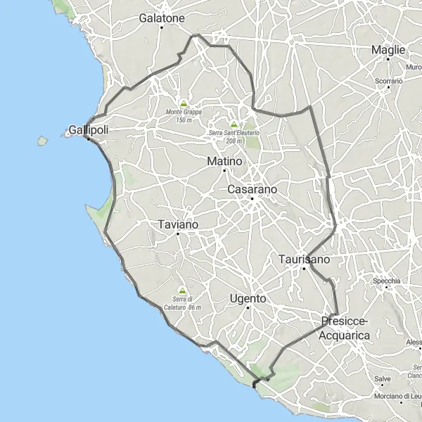 Miniatura della mappa di ispirazione al ciclismo "Ciclostrada delle Torri e Chiese" nella regione di Puglia, Italy. Generata da Tarmacs.app, pianificatore di rotte ciclistiche