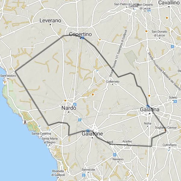 Miniatura della mappa di ispirazione al ciclismo "Avventura ciclistica da Sogliano Cavour ad Aradeo, Galatone, Copertino e Galatina" nella regione di Puglia, Italy. Generata da Tarmacs.app, pianificatore di rotte ciclistiche