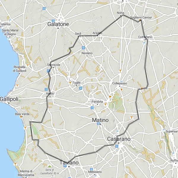 Miniatura della mappa di ispirazione al ciclismo "Giro in bicicletta da Sogliano Cavour ad Aradeo" nella regione di Puglia, Italy. Generata da Tarmacs.app, pianificatore di rotte ciclistiche