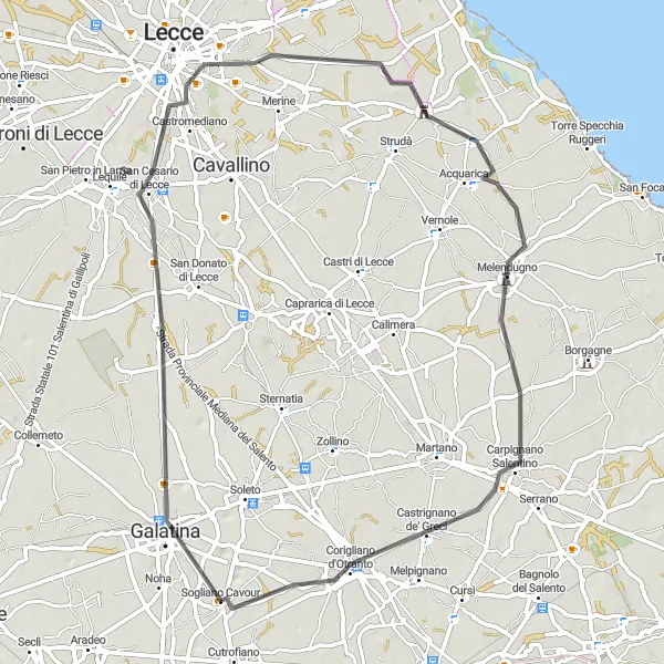 Miniatura della mappa di ispirazione al ciclismo "Giro in bicicletta da Sogliano Cavour a Melendugno" nella regione di Puglia, Italy. Generata da Tarmacs.app, pianificatore di rotte ciclistiche