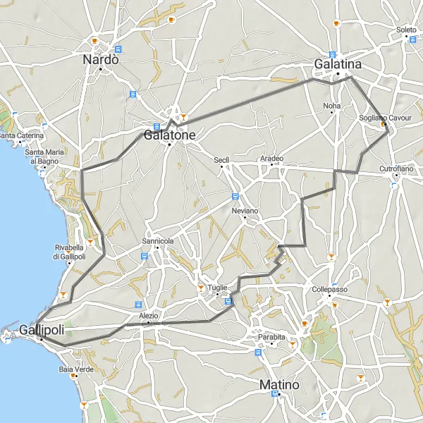 Miniatura della mappa di ispirazione al ciclismo "Giro in bicicletta da Sogliano Cavour a Tuglie, Gallipoli, Galatone e Galatina" nella regione di Puglia, Italy. Generata da Tarmacs.app, pianificatore di rotte ciclistiche