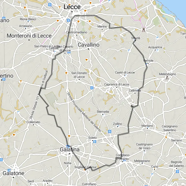 Miniatura della mappa di ispirazione al ciclismo "Giro in bicicletta da Sogliano Cavour a Corigliano d'Otranto" nella regione di Puglia, Italy. Generata da Tarmacs.app, pianificatore di rotte ciclistiche