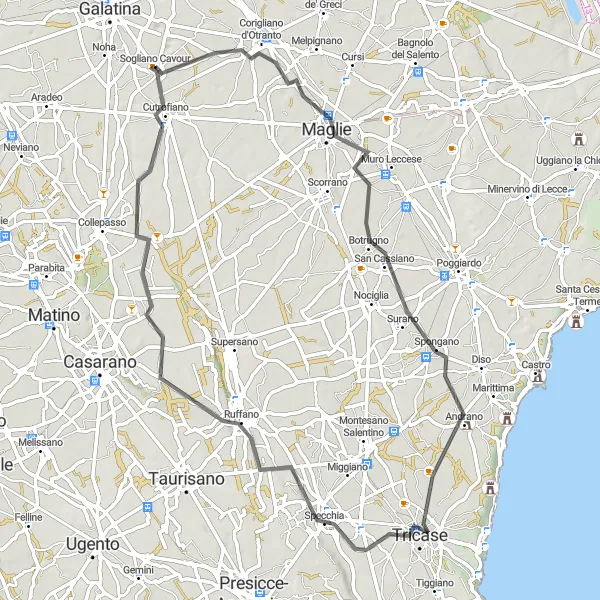 Miniatura della mappa di ispirazione al ciclismo "Tour in bicicletta alla scoperta di Corigliano d'Otranto, Spongano, Tricase, Serra Magnone, Manfìo e Sogliano Cavour" nella regione di Puglia, Italy. Generata da Tarmacs.app, pianificatore di rotte ciclistiche