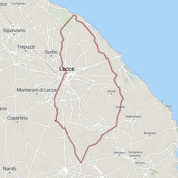 Miniatura della mappa di ispirazione al ciclismo "Esplorazione in mountain bike da Soleto a Calimera" nella regione di Puglia, Italy. Generata da Tarmacs.app, pianificatore di rotte ciclistiche