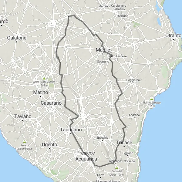 Miniatura della mappa di ispirazione al ciclismo "Giro in bicicletta attraverso il Salento da Soleto a Sogliano Cavour" nella regione di Puglia, Italy. Generata da Tarmacs.app, pianificatore di rotte ciclistiche