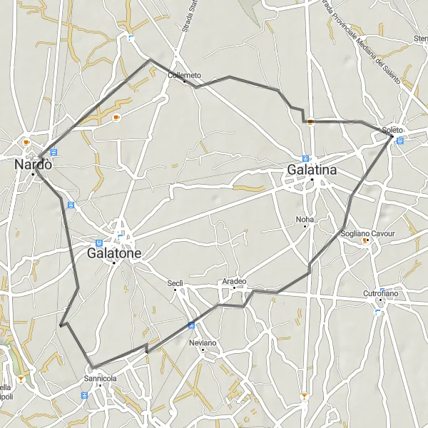 Miniatura della mappa di ispirazione al ciclismo "Giro in bici da Soleto a Collemeto" nella regione di Puglia, Italy. Generata da Tarmacs.app, pianificatore di rotte ciclistiche