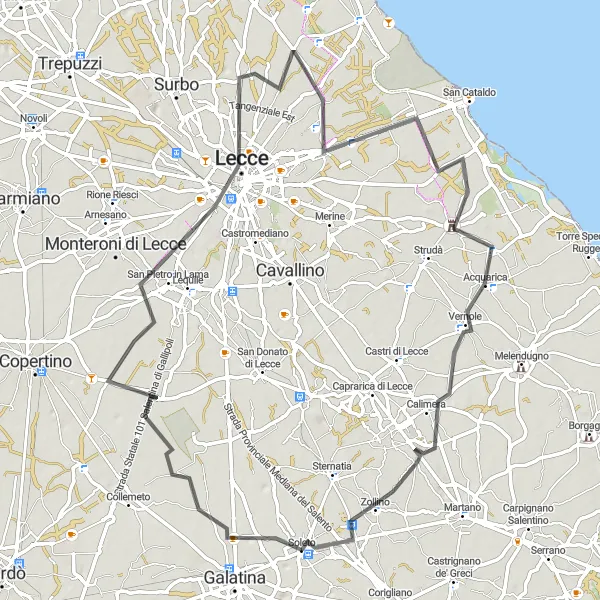 Miniatura della mappa di ispirazione al ciclismo "Tour dei borghi salentini" nella regione di Puglia, Italy. Generata da Tarmacs.app, pianificatore di rotte ciclistiche