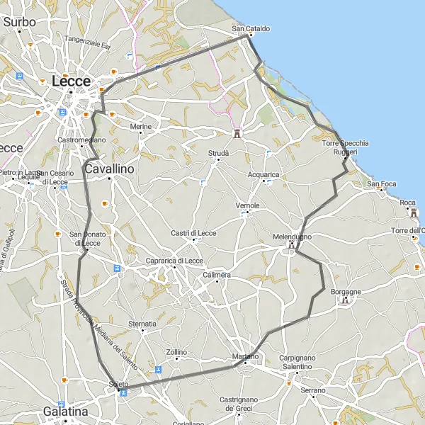 Miniatura della mappa di ispirazione al ciclismo "Tour in bicicletta da Soleto a Martano" nella regione di Puglia, Italy. Generata da Tarmacs.app, pianificatore di rotte ciclistiche