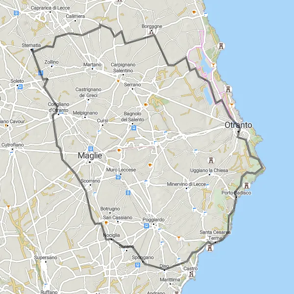 Miniatura della mappa di ispirazione al ciclismo "Sulle Tracce della Storia Salentina" nella regione di Puglia, Italy. Generata da Tarmacs.app, pianificatore di rotte ciclistiche