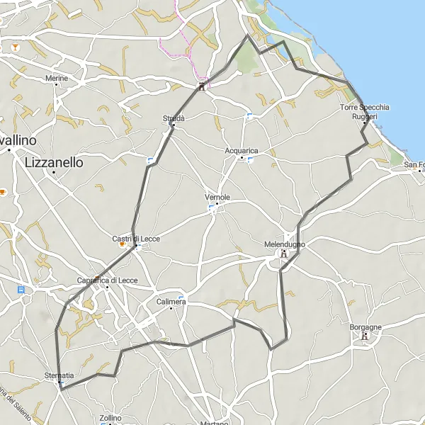 Miniatura della mappa di ispirazione al ciclismo "Giro in bici stradale da Sternatia a Martignano" nella regione di Puglia, Italy. Generata da Tarmacs.app, pianificatore di rotte ciclistiche