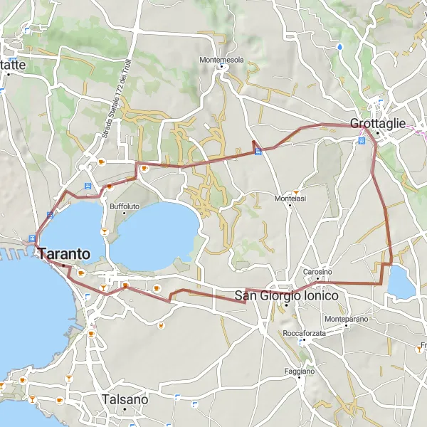 Miniatura della mappa di ispirazione al ciclismo "Avventura gravel da Taranto" nella regione di Puglia, Italy. Generata da Tarmacs.app, pianificatore di rotte ciclistiche