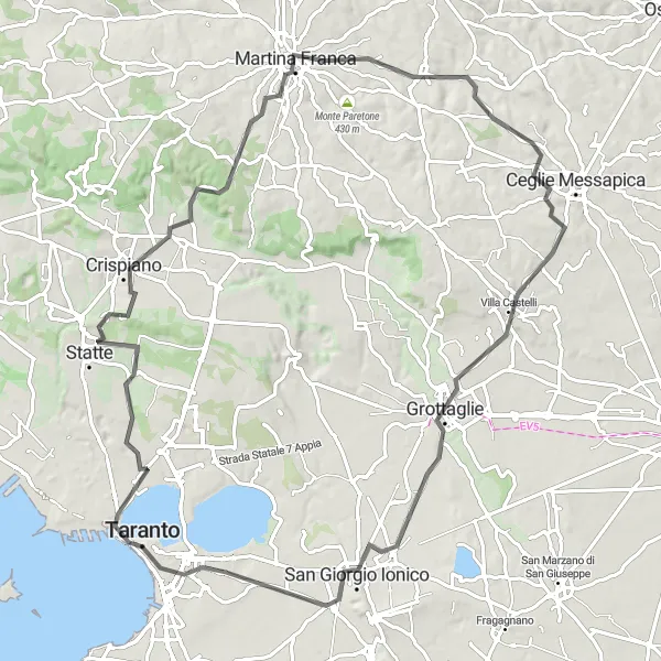 Map miniature of "Taranto Castle and the Countryside" cycling inspiration in Puglia, Italy. Generated by Tarmacs.app cycling route planner