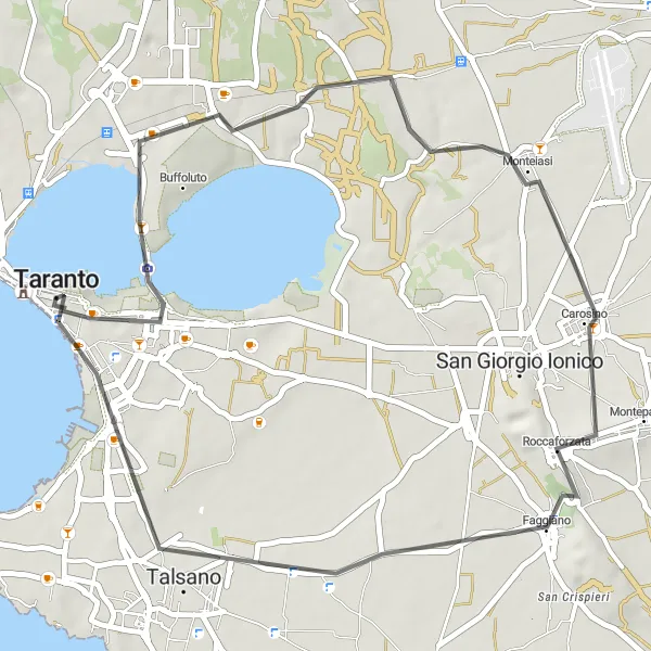 Miniatura della mappa di ispirazione al ciclismo "Giro panoramico di Taranto" nella regione di Puglia, Italy. Generata da Tarmacs.app, pianificatore di rotte ciclistiche