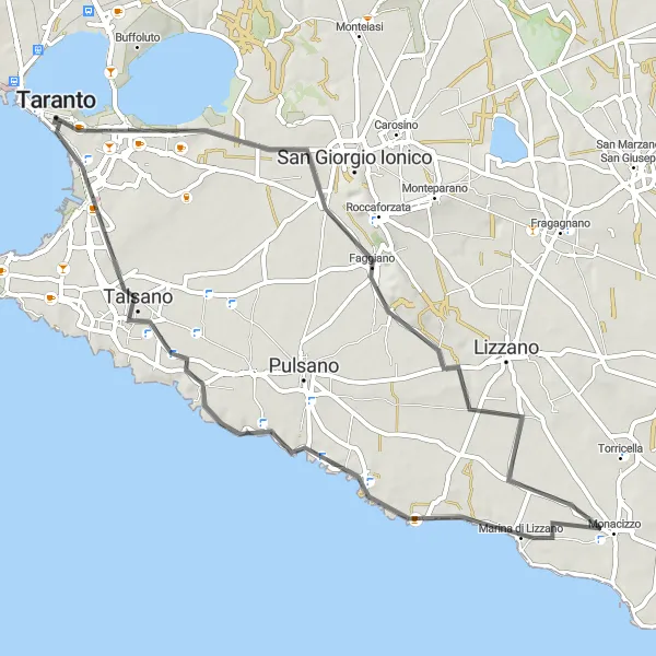 Miniatura della mappa di ispirazione al ciclismo "Tour costiero di Taranto" nella regione di Puglia, Italy. Generata da Tarmacs.app, pianificatore di rotte ciclistiche
