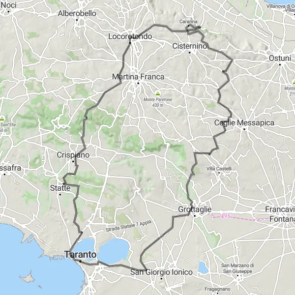 Map miniature of "The Hills of Locorotondo" cycling inspiration in Puglia, Italy. Generated by Tarmacs.app cycling route planner